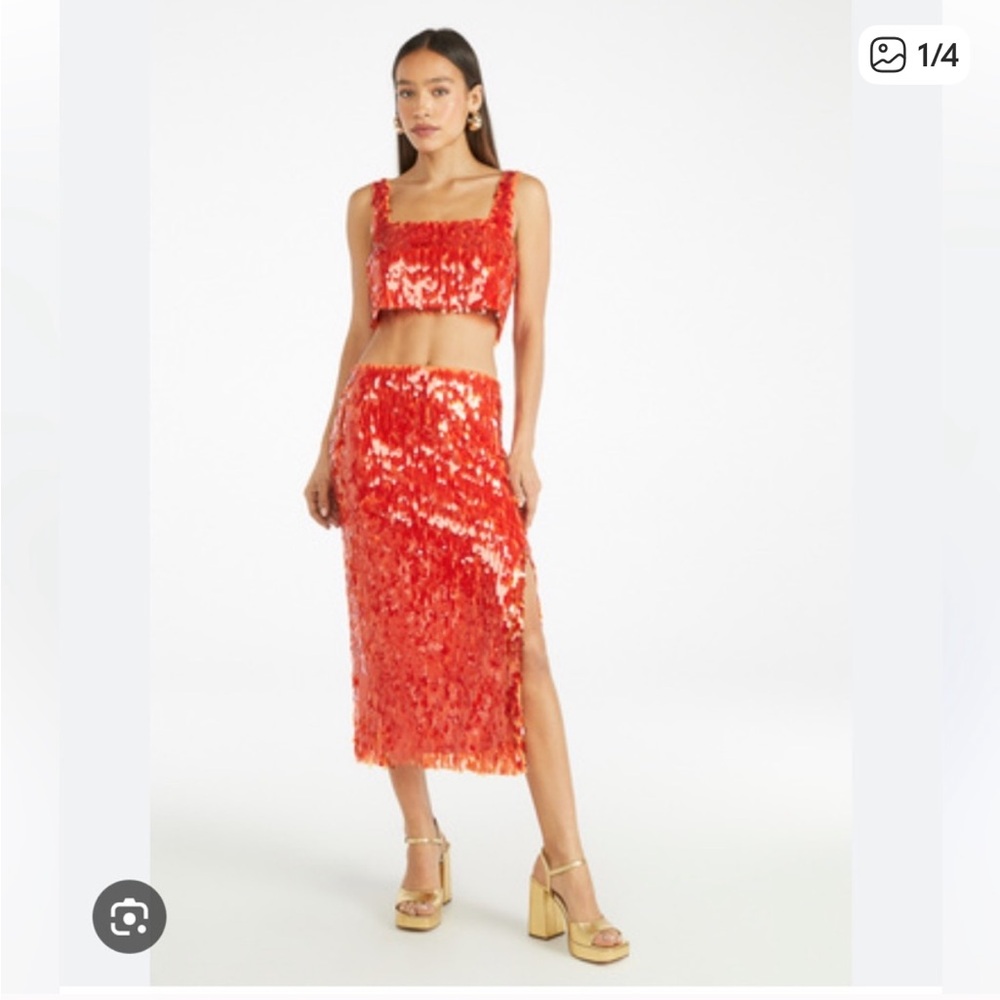 Women's Vibrant Orange Sequin Midi Skirt and Top Coord Set